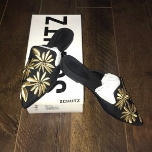 Schutz slides (black with gold floral)
